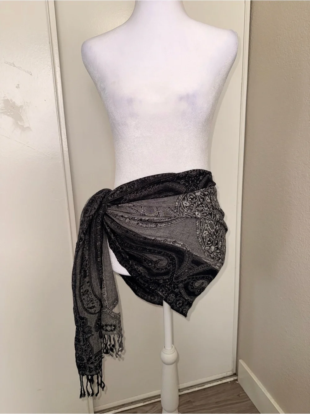 Black Gray Paisley Fringe Wrap Scarf whimsical gothic rave